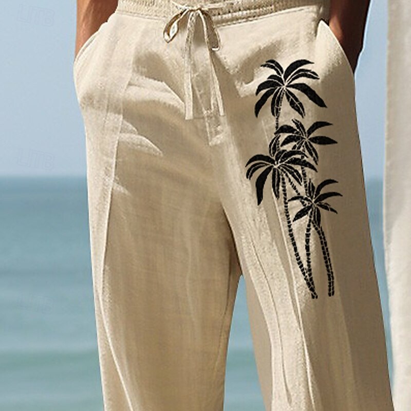 Men's Linen Pants Trousers Summer Pants Baggy Pants Beach Pants Elastic Waist Drawstring Straight Leg Plain Comfort Breathable Full Length Casual Daily Holiday Vacation Basic White Army Green2