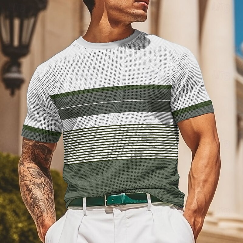 Men's Horizontal Stripes Line Waffle Shirt Short Sleeve T shirt 3D Print Crew Neck Shirt Fashion Casual Comfortable Street Casual Daily Red Blue Green Summer Spring Clothing Apparel S M L XL XXL XXXL2
