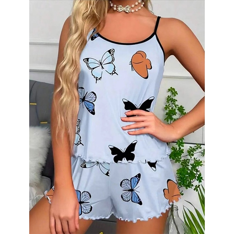 Women's Pajama Set Casual Comfort Butterfly Elastic Waist Strap Top Shorts Home Daily Long Sleeve Straps Pink Blue Beige Summer Regular Fit