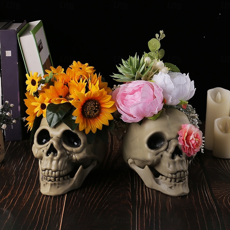 Halloween Skull Head with Flower Decoration, Resin Sunflower Ghost Skull Prop, Haunted House Horror Scene Tabletop Decor3
