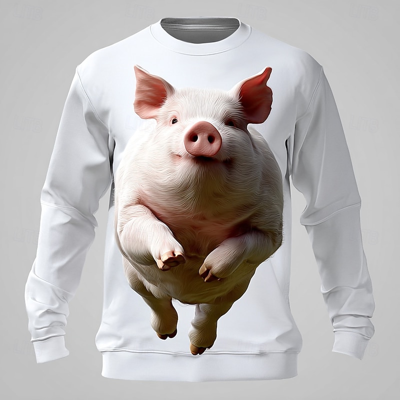 Men's Funny Pig Sweatshirt Casual Long Sleeve Crew Neck White 1 White Crewneck 3D All Seasons Designer