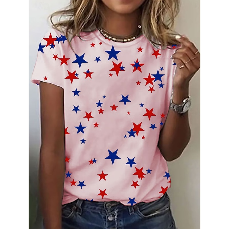 Women's Patriotic  T Shirt Graphic Star Vintage Stylish Classic Short Sleeve Crew Neck Regular Tops Daily Weekend Print Black White Pink Summer3