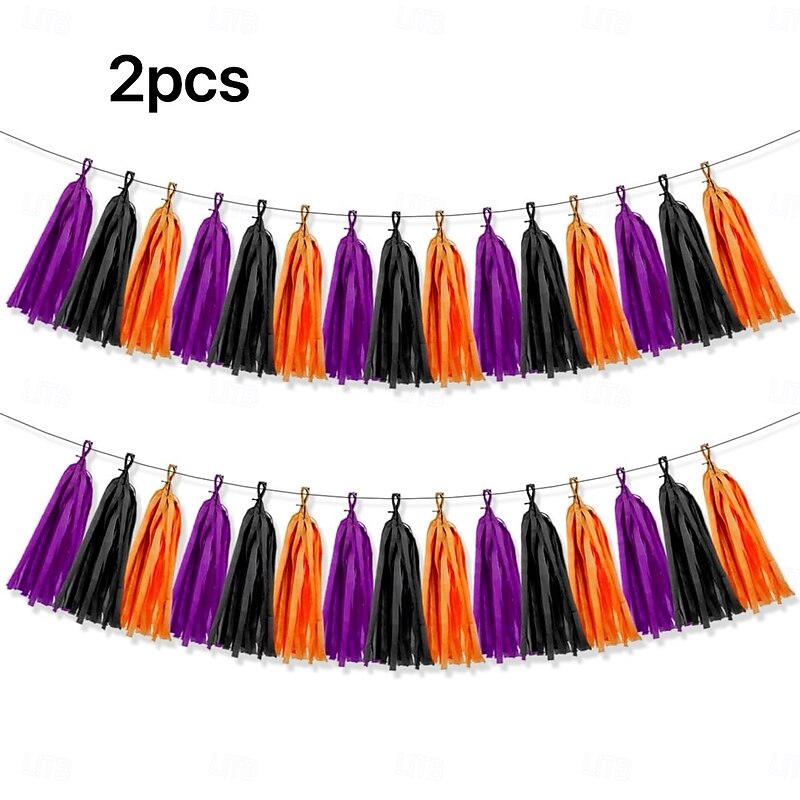 2pcs Halloween Tassel Garland, Black Purple and Orange Mixed Tassels, Perfect for Spooky Festival Party Decorations and Dessert Table Setup3