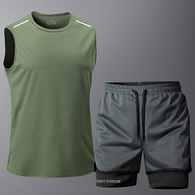 Men's Activewear Set Sports Set Elastic Waistband Solid Colored Clothing Suit Summer White Army Green Gym Workout Sports Soft Quick-drying Sleeveless Sport Activewear Micro-elastic Regular Fit