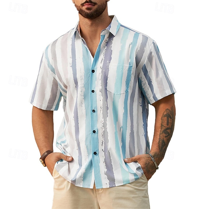 Men's Shirt Summer Shirt Casual Shirt Beach Shirt Button Up Shirt Black Sky Blue Orange Light Blue Short Sleeve Stripes Lapel Vacation Hawaiian Clothing Apparel Polyester Fashion Casual Comfortable3