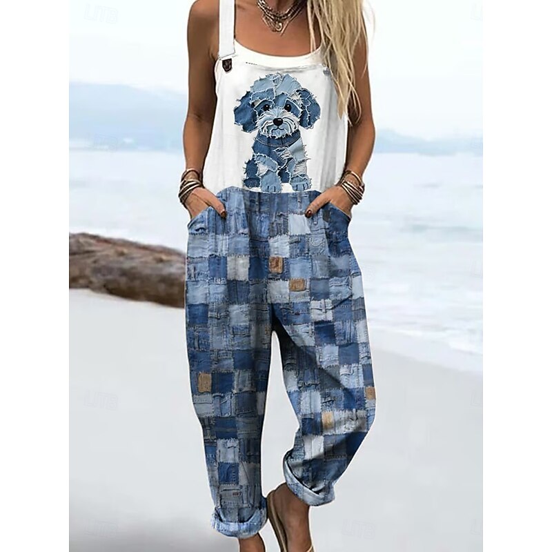 Women's Dungarees Active Graphic Sleeveless Vacation Daily Loose Fit Black White Blue Summer3