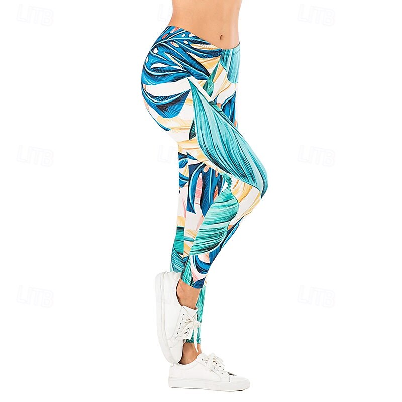 Women's Slacks Leggings Cozy Leggings Streetwear Casual Full Length Natural Floral Elastic Waist Print Comfy Outdoor Comfortable Outdoor Vacation Holiday Light Sky Blue Navy Blue Green Fall Regular2