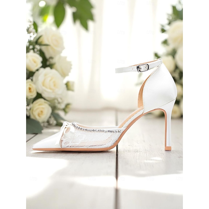 Women's White Satin Lace High Heels, Pointed-Toe Wedding Pumps with Rhinestones and Bow, Elegant Bridal Shoes for Formal Ceremony4