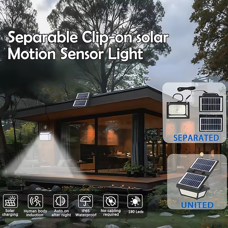 190LED Solar Lights Outdoor Portable Motion Sensor Solar Lights 3 modes Clip On Floodlights Double Solar Panel Security Lights Garden  1PC2