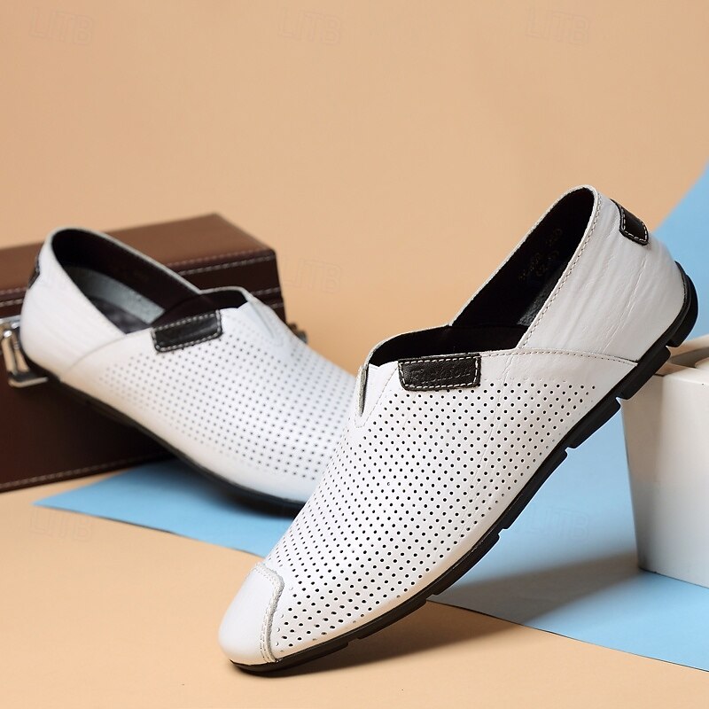 Men's White Perforated Slip-On Shoes Breathable and Comfortable Casual Loafers Perfect for Summer Travel and Everyday Wear2