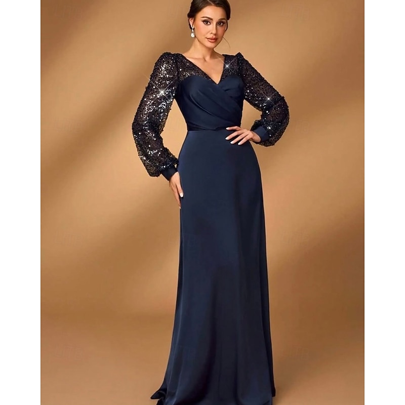 A-Line Mother of the Bride Dress Elegant Simple Minimalist V Neck Floor Length Satin Sequined Long Sleeve with Pleats3
