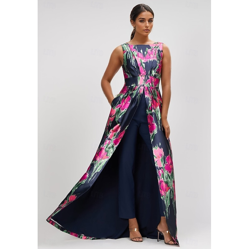 Jumpsuits Mother of the Bride A-Line Evening Gown Elegant Dress Formal Wedding Guest Floor Length Sleeveless Boat Neck Satin with Floral Print Pocket
