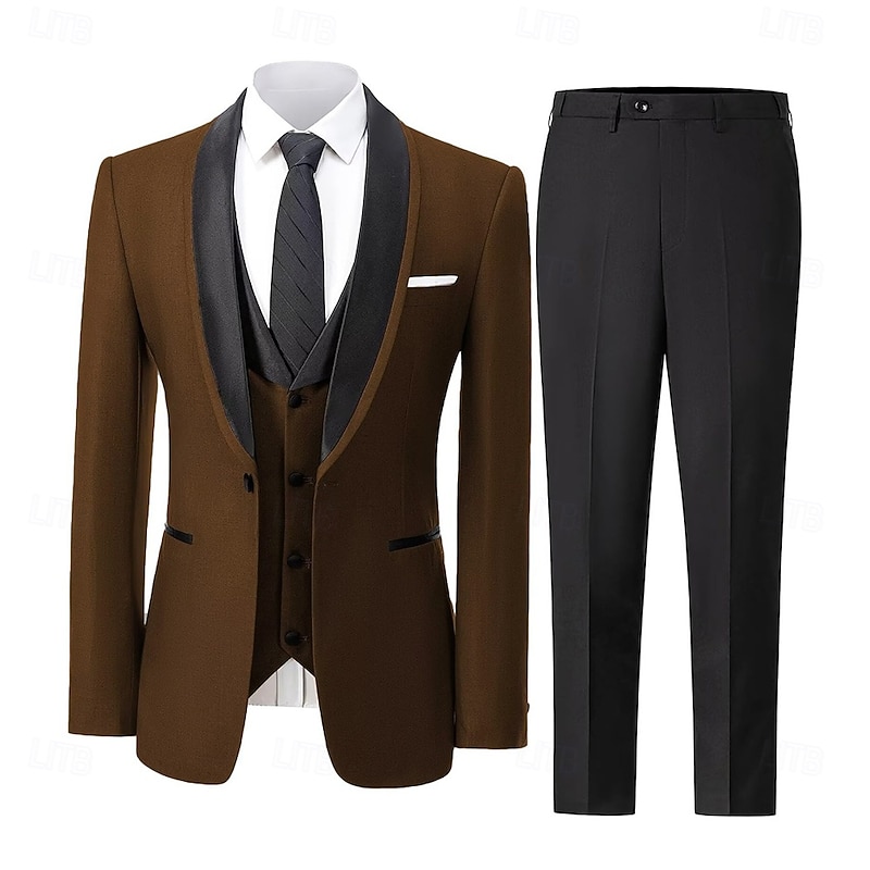 Men's Party Suits Evening Wear Tuxedos Brown Light Grey Fashion Formal Solid Colored Standard Fit 3 Piece Single Breasted One-button