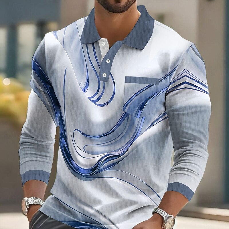 Men's Geometric Line Polo Long Sleeve Polo Shirts Collared Shirts Business Casual Business Athleisure Daily Wear Pocket 3D Print Buttons Spring Fall Winter Blue Gold Green2