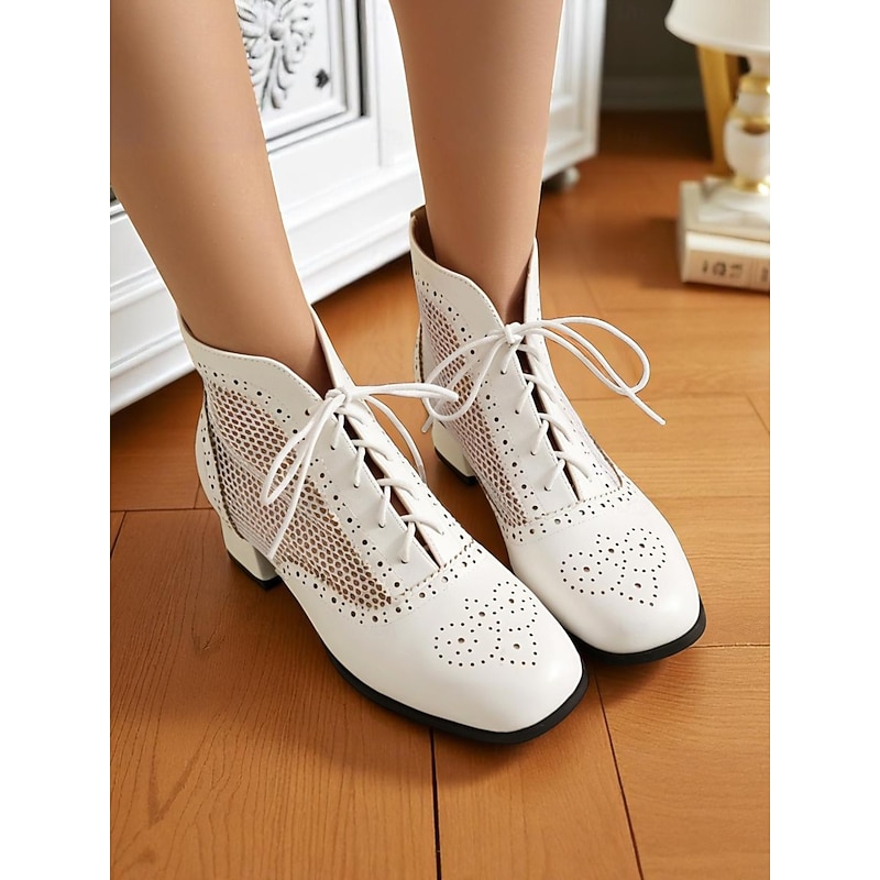 Women's Edwardian 1910s White Mesh Oxford Boots  - Vintage Lace-Up Dance Shoes with Cutout Design and Chunky Heels for Summer Jazz Parties and Retro Costumes2