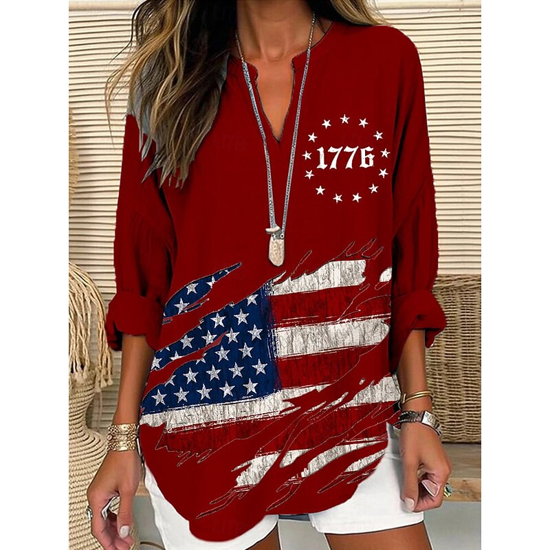 Women's Blouse Tunic V Neck Long Sleeve Boho Casual Patriotic Graphic Flag Vintage Tropical Regular Tops Daily Wear Print Black White Red Blue4