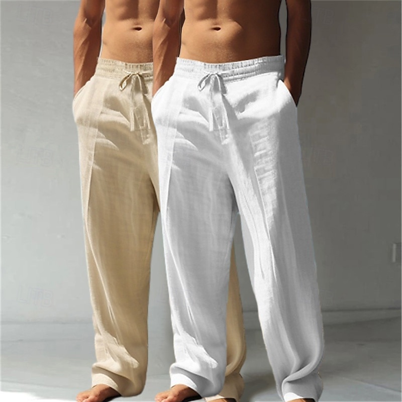 Men's Linen Pants Trousers Summer Pants Baggy Pants Beach Pants Elastic Waist Drawstring Straight Leg Plain Comfort Breathable Full Length Casual Daily Holiday Vacation Classic Style Green+Gray3