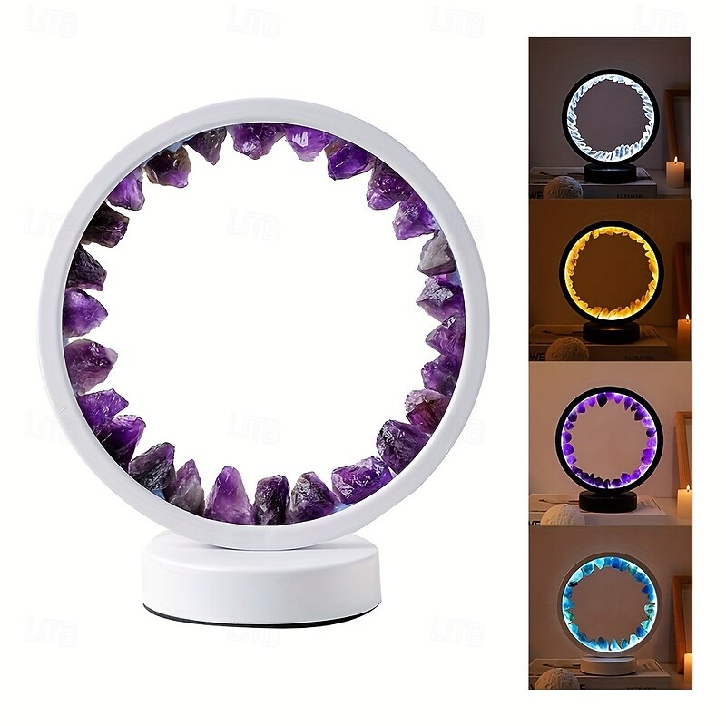 LED Rechargeable Bedside Lamp Natural Quartz Amethyst Cluster Night Lamp Bedroom Desk circular Circle Decorative Lights2