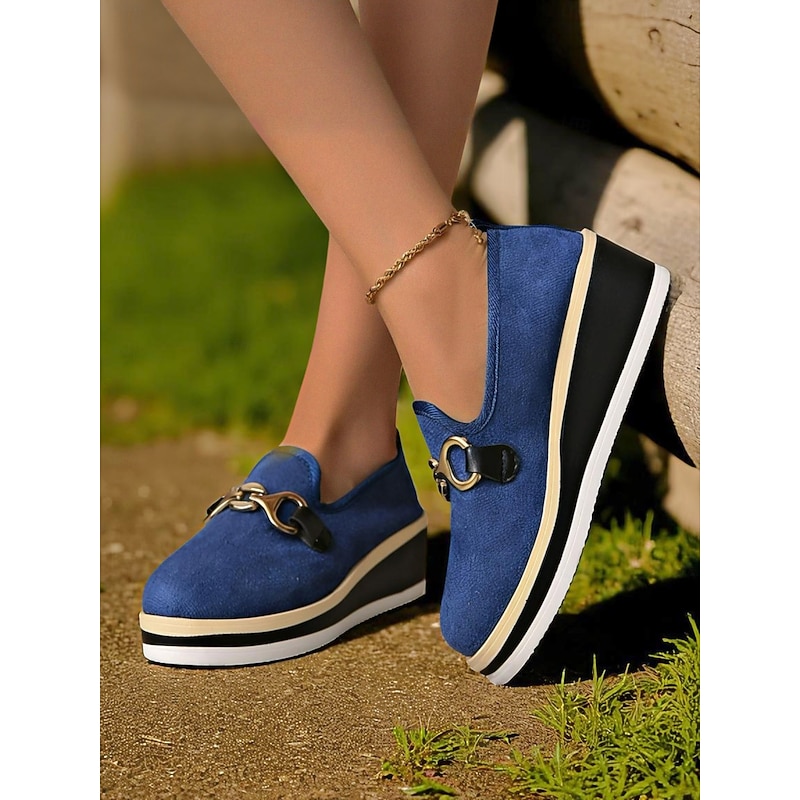 Women's Blue Platform Loafers with Metal Buckle – Stylish Slip-On Wedge Shoes for Casual Wear, Office and Travel - Main Image