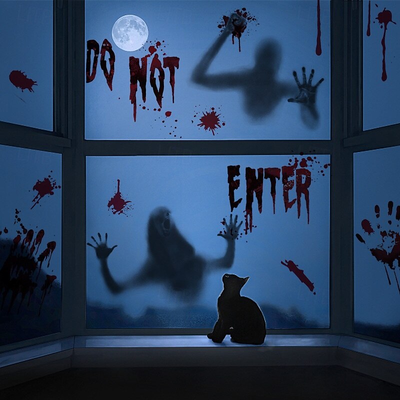 9 Sheets Halloween Window Cling Sticker Decals Decorations Double Side, Bloody Handprints Ghost Shadow Static Stickers for Glass, Scary Horror Store Display Window Decor3