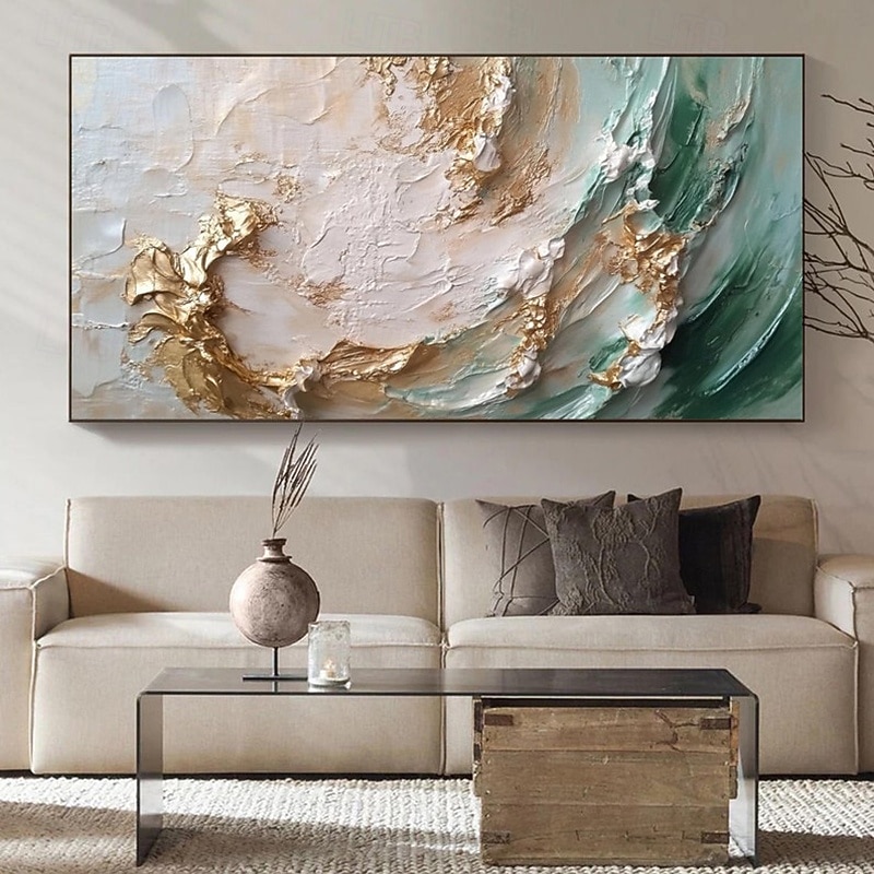 Handmade Oil Painting Canvas Wall Art Decoration Modern Abstract Thick Oil  Golden Ocean Waves for Living Room Home Decor Stretched Frame Hanging Painting/Rolled Frameless Unstretched Painting