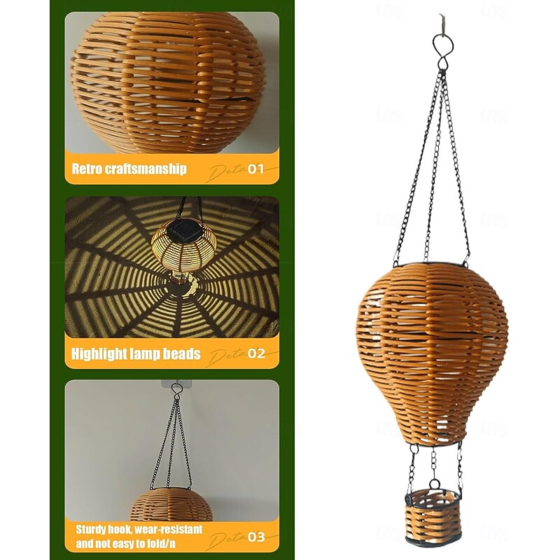 1 Pc Outdoor Solar Waterproof Imitation Vine Weaving Hot Air Balloon Lantern Courtyard Garden Path Terrace Tree Creative Pendant Landscape Light3