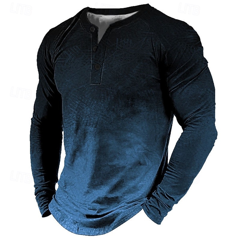 OUKU Men's Graphic Gradient Henley Shirt Tee Vintage Shirt Long Sleeve 3D Print Fashion Designer Comfortable Outdoor Casual Daily Spring &  Fall Blue Red Brown Green Dark Blue Henley Henley T-Shirt3