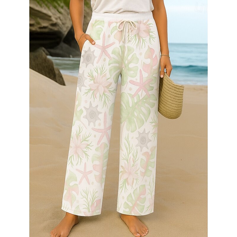 Women's Culottes Wide Leg Vacation Vintage Ethnic Style Full Length High Waist Floral Graphic Quick Dry Breathability Soft Inelastic Formal Outdoor Vacation Pink Purple Green Summer Spring Loose Fit2