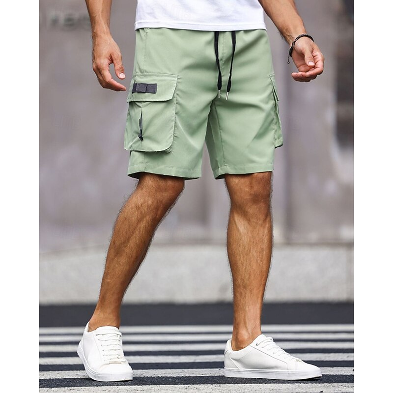 Men's Cargo Shorts Shorts Summer Shorts Drawstring Elastic Waist Multi Pocket Plain Comfort Wearable Knee Length Outdoor Sport Daily Fashion Casual Black Green2