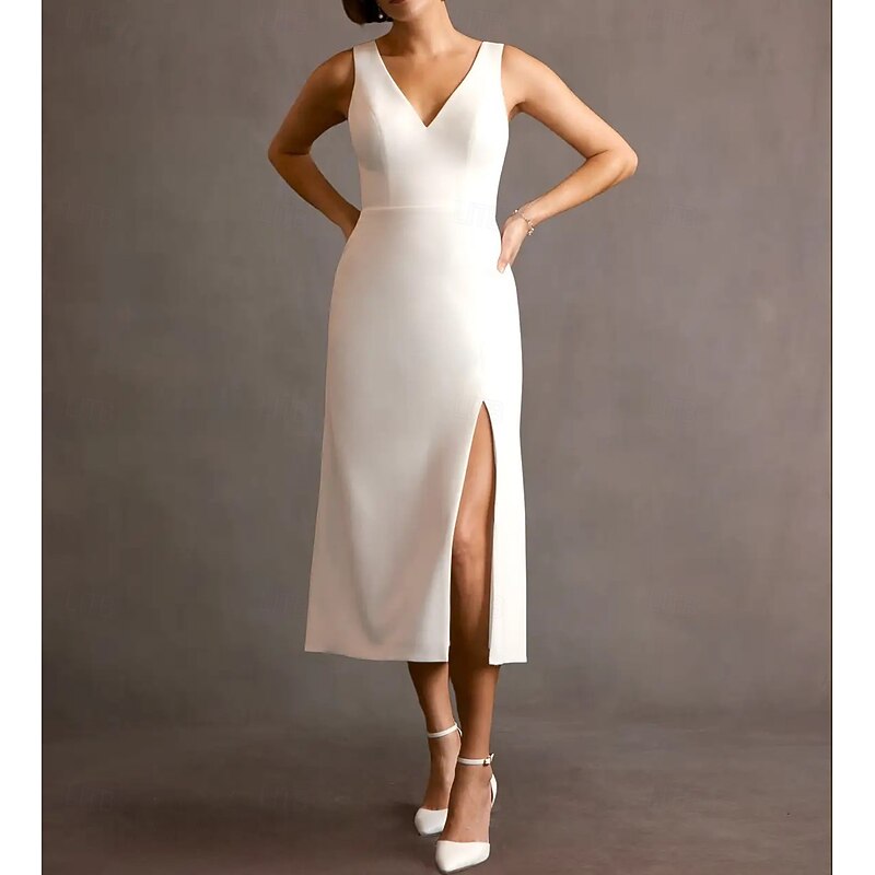 Engagement Little White Dresses Wedding Dresses A-Line V Neck Sleeveless Tea Length Stretch Fabric Bridal Gowns With Bow(s) Split Front4