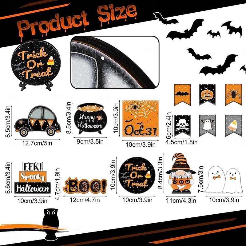 15pcs Halloween Tiered Tray Decor Set, Cute Black and Orange Wooden Signs, Happy Halloween Ghost Block Decorations for Farmhouse Home Tabletop Display2