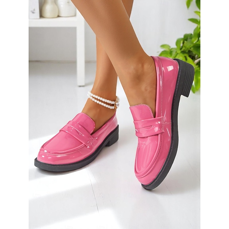 Women's Glossy Faux Leather Loafers with Round Toe and Low Heel, Elegant Slip-On Work Shoes for Urban Professionals, All-Day Wear