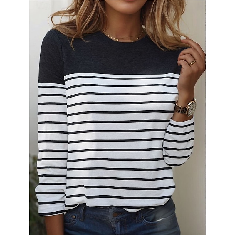 Women's T shirt Long Sleeve Crew Neck Long Sleeve Tunic Striped Basic Round Neck Regular Tops Daily Weekend Print Black White Red Blue Gray Fall & Winter Prefall
