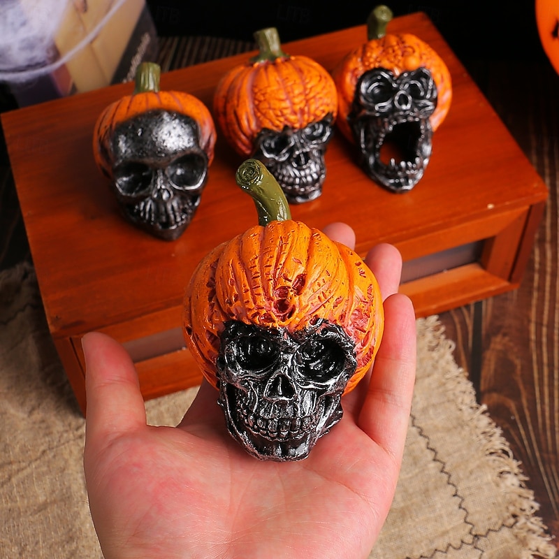 Halloween Skull Resin Figurine with Pumpkin Hat, Spooky Head Skeleton Decoration for Haunted House, Horror Room, Tabletop Display & Party Decor4