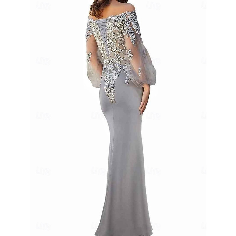 Mermaid / Trumpet Mother of the Bride Dress Elegant Off Shoulder Floor Length Lace Long Sleeve with Solid Color4