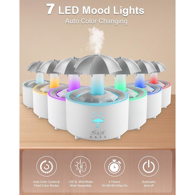 Rain Umbrella Humidifier & Aroma Diffuser with Soothing Rain Sounds, Water Drip Effect, 7 Colors Mood Light, Timer and Auto-Off, Ideal for Relaxation, Sleep, Home, Bedroom, Desk3