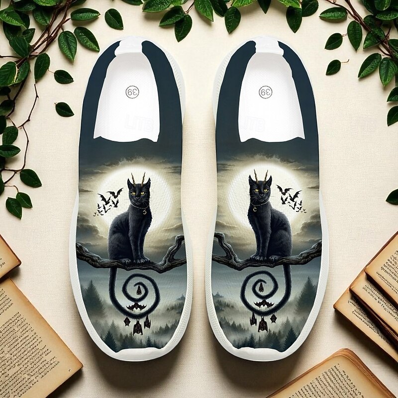 Women's Gothic Raven Skeleton Print Shoes – White Flyknit Halloween Slip-Ons for Horror Fans, Cosplay and Autumn Costume Parties Sarah Richter2