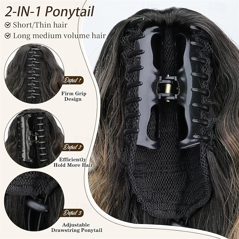 Claw Clip Ponytail Extension 18 Inch Wavy Pony Tails Hair Extensions Layered Fluffy Clip on ponytails for Women Synthetic Hairpieces Ombre Black Mix Blonde4