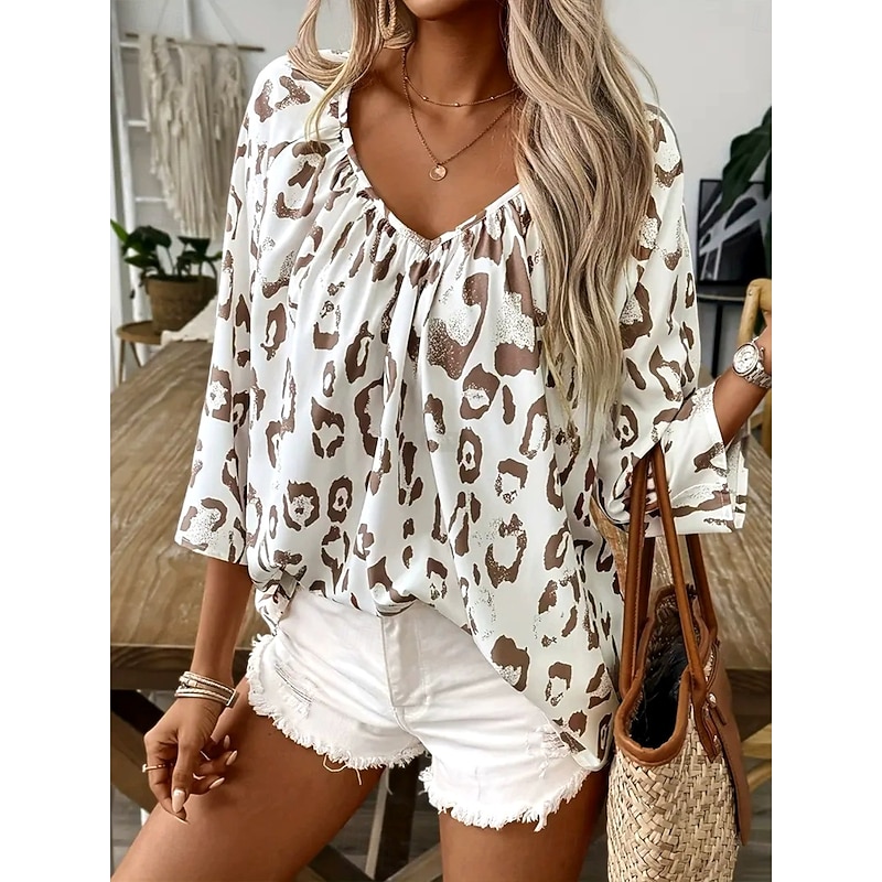 Women's Summer Tops Graphic Animal Leopard Vintage Daily Stylish 3/4 Length Sleeve V Neck Regular Tops Daily Smocked Print Black Khaki Beige Summer Spring Fall4