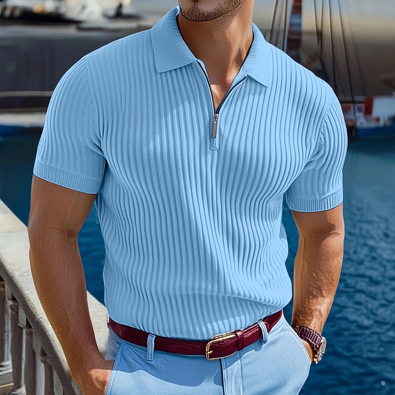 Men's Zip Polo Muscle Shirt Vacation Casual Lapel Quarter Zip Short Sleeve Fashion Basic Plain Ribbed Quarter Zip Summer Slim Fit Light Blue White Navy Blue Gray Zip Polo