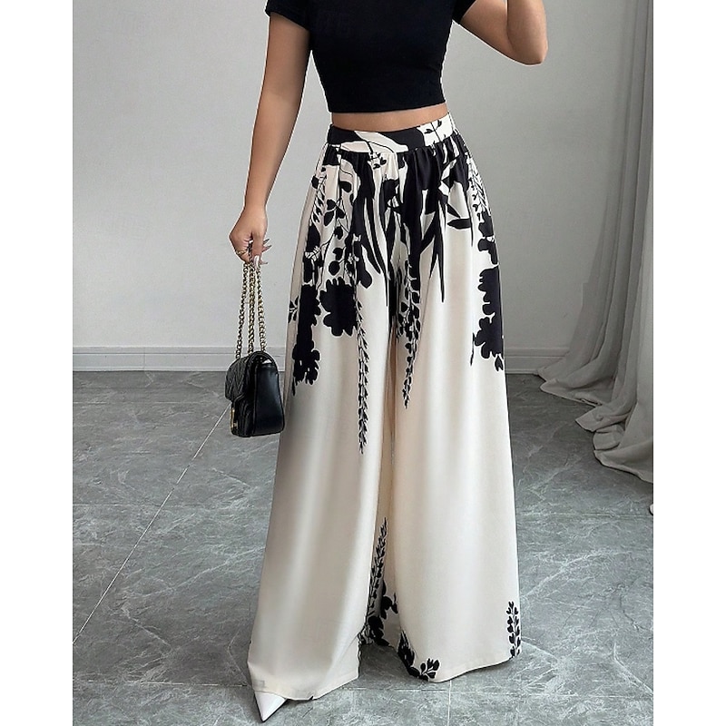 Women's Wide Leg Slacks Streetwear Casual Full Length Natural Flower Elastic Waist Printing Comfy Outdoor Comfortable Holiday Weekend Black White Fall Regular Fit