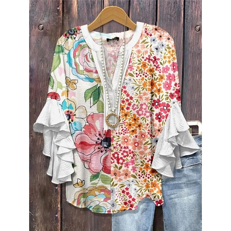 Women's Retro Blouse Layered Ruffle Sleeve Tops Vintage Floral Graphic Bohemia Vintage Daily 3/4 Length Sleeve Regular Tops Daily Holiday Vacation Wear Print Denim Blue Blue Light Blue