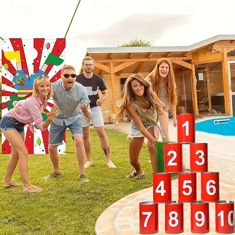 13 Carnival Can Games Bean Bag Toss Carnival Games Including 10 Tin Cans And 3 Bean Bag Games Easter Outdoor Games Suitable for Family Gatherings Birthdays Indoor And Outdoor Activities