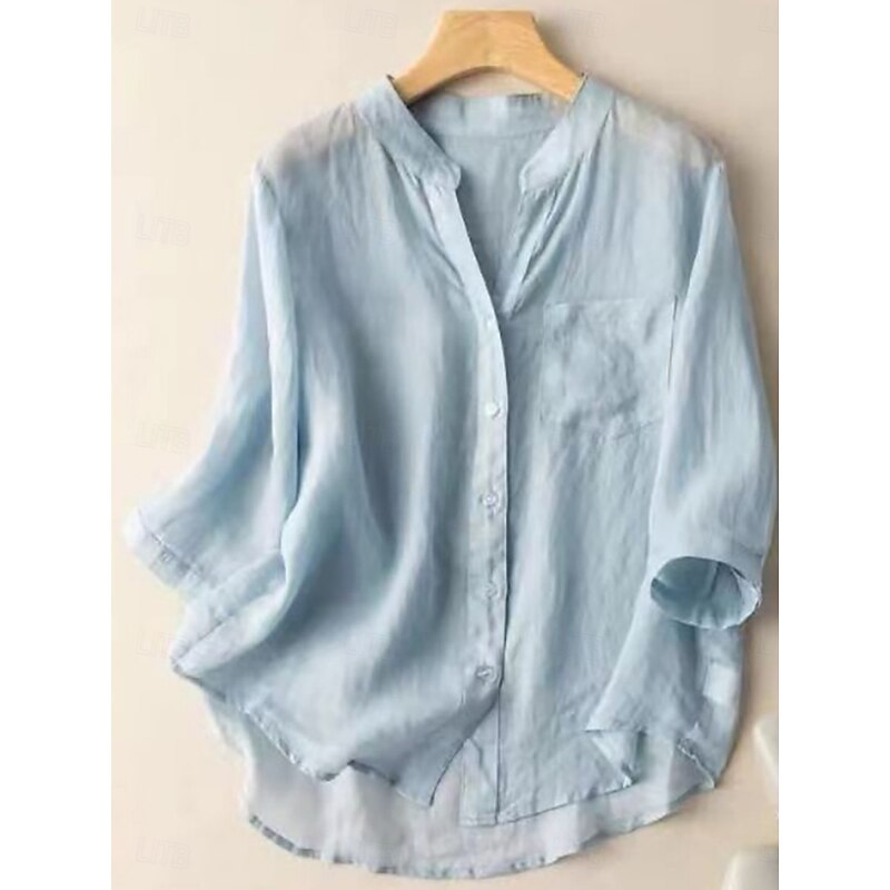Women's Cotton Linen Shirts Solid Color Basic Casual Long Sleeve V Neck Regular Tops Daily Pocket Buttons White Navy Blue Light Blue Summer