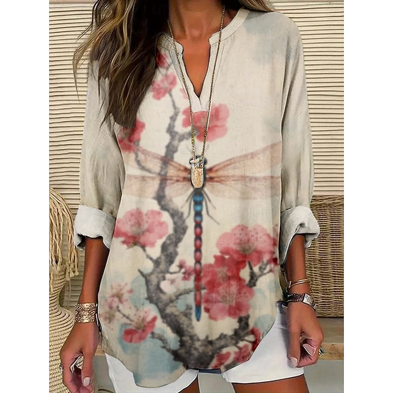 Women's Blouse Floral Stylish Modern Long Sleeve V Neck Regular Tops Daily Holiday Print White Pink Khaki Summer3