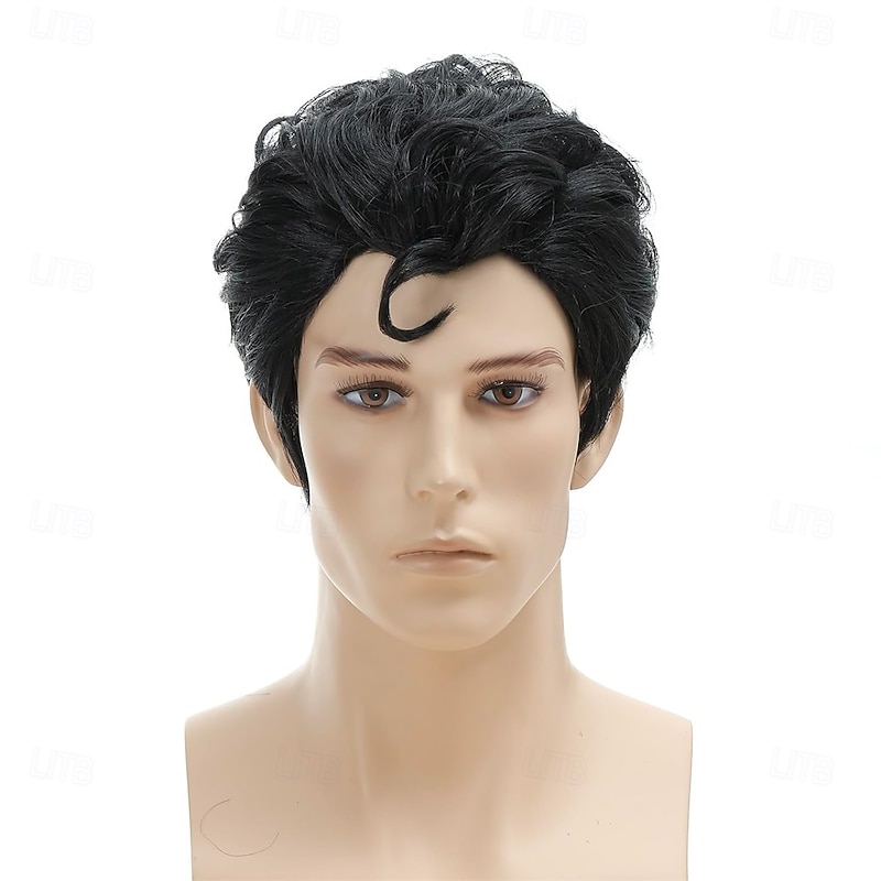Roker Style Mens Black Short with a Front Curl Costume Wig for Cosplay Halloween Costume Party Wig