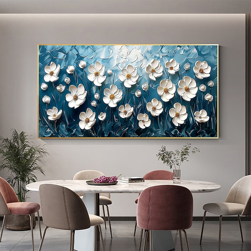 Handmade Original White Flower Oil Painting On Canvas Abstract Landscape Wall Art for Home Decor With Stretched Frame Without Inner Frame Painting