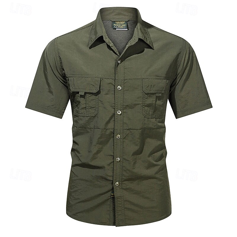 Men's Cargo Shirt Hiking Shirt Short Sleeve Turndown Top Outdoor Lightweight Breathable Cotton Dark Grey Black Army Green Tennis Golf Running