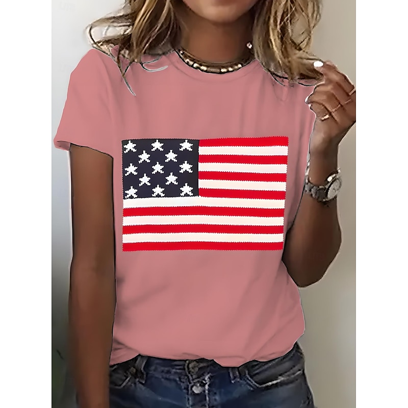 American Women's T Shirt Graphic Flag National Flag Vintage Stylish Classic Short Sleeve Crew Neck Round Neck Regular Tops Daily Print Black White Pink Blue Purple Summer Spring3