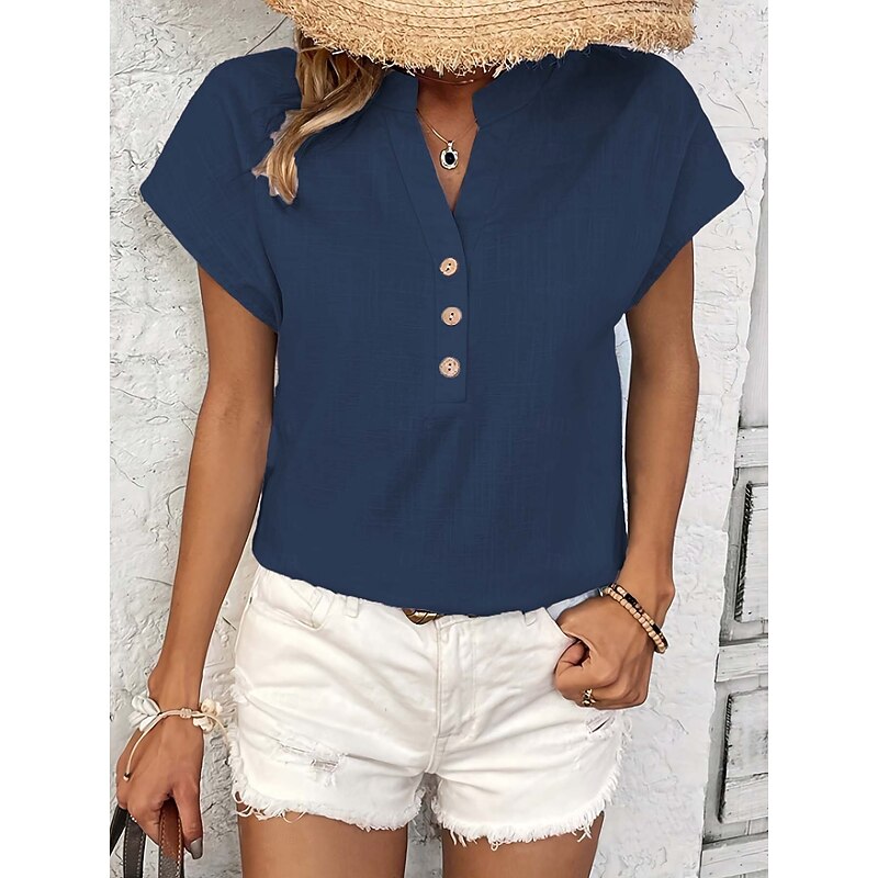 Women's Summer Tops Vintage Casual Short Sleeve V Neck Regular Tops Daily Weekend Buttons Black White Navy Blue Summer3